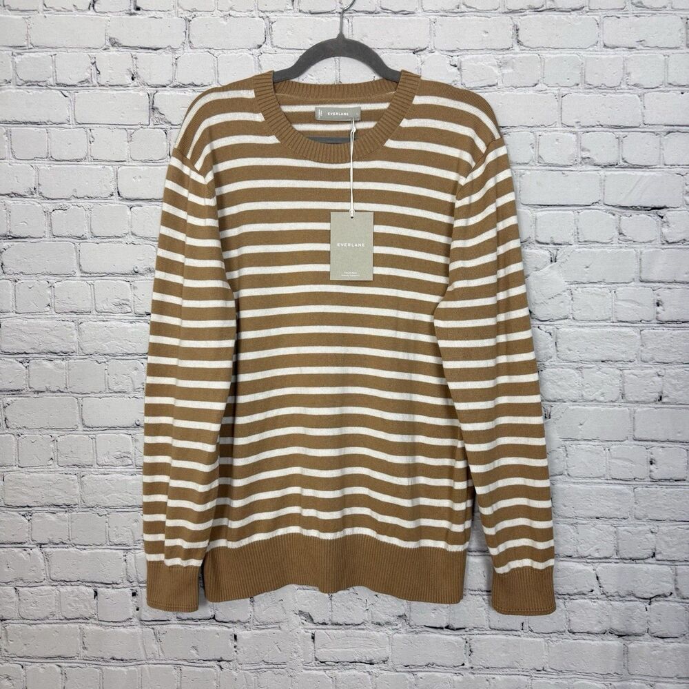 NEW Everlane The No Sweat Sweater Mens L Cotton Crewneck Beige White Stripe